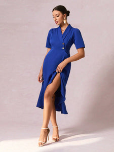 Shawl Collar Button Front Ruffle Hem Dress