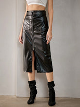 Load image into Gallery viewer, Zip Up Belted PU Leather Skirt
