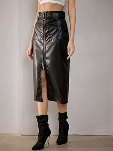 Zip Up Belted PU Leather Skirt