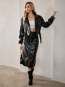 Zip Up Belted PU Leather Skirt