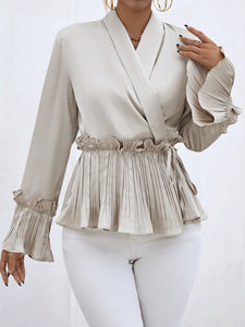 Frill Trim Pleated Detail Knot Side Wrap Peplum Blouse
