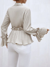 Load image into Gallery viewer, Frill Trim Pleated Detail Knot Side Wrap Peplum Blouse

