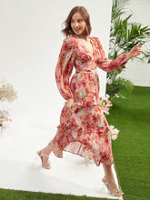Load image into Gallery viewer, Floral Print Plunging Neck Lantern Sleeve Ruffle Hem Dress
