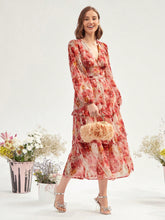 Load image into Gallery viewer, Floral Print Plunging Neck Lantern Sleeve Ruffle Hem Dress
