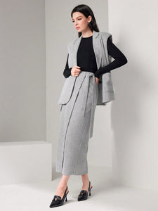 Lapel Neck Vest Coat & Belted Skirt