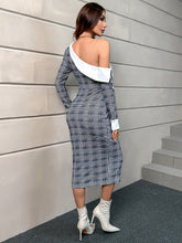 Load image into Gallery viewer, Plaid Print Asymmetrical Neck Bodycon Dress
