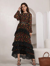 Load image into Gallery viewer, Floral Print Ruffle Trim Layer Hem Dress Without Belt
