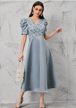 Load image into Gallery viewer, V-neck Ruched Puff Sleeve Crinkle Bodice Dress

